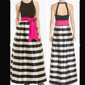 Eliza J Size 0 Black & White Stripe w/Pink Sash Long Ball Gown Evening Dress